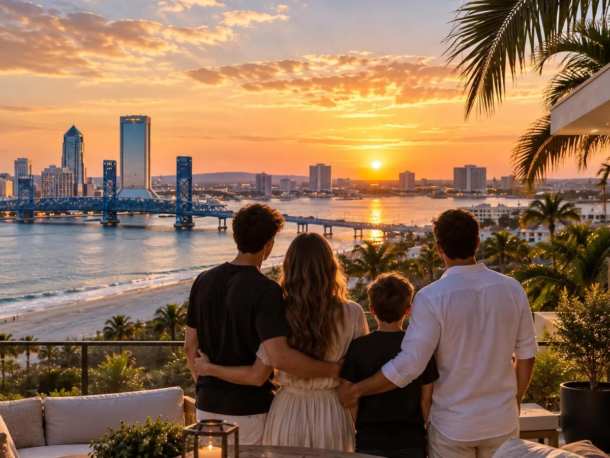 A family looking out over the St. Johns River and the downtown Jacksonville skyline at sunset